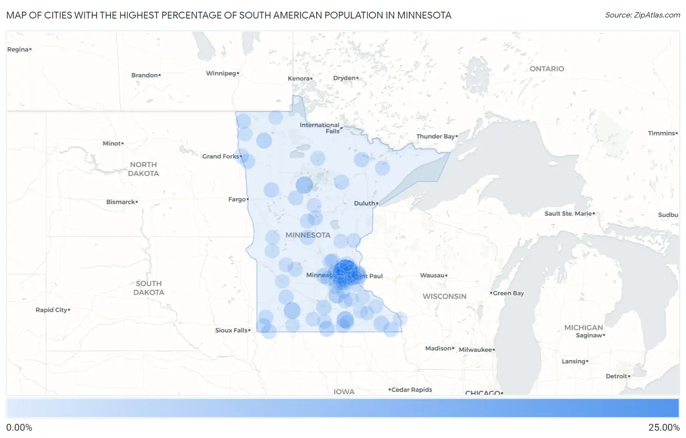 Cities with the Highest Percentage of South American Population in Minnesota Map