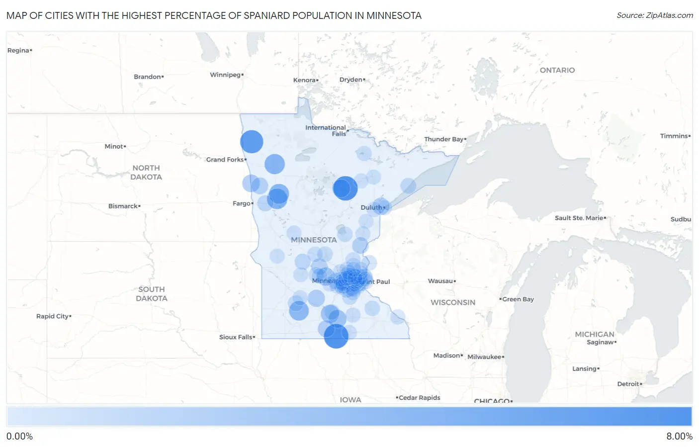 Cities with the Highest Percentage of Spaniard Population in Minnesota Map