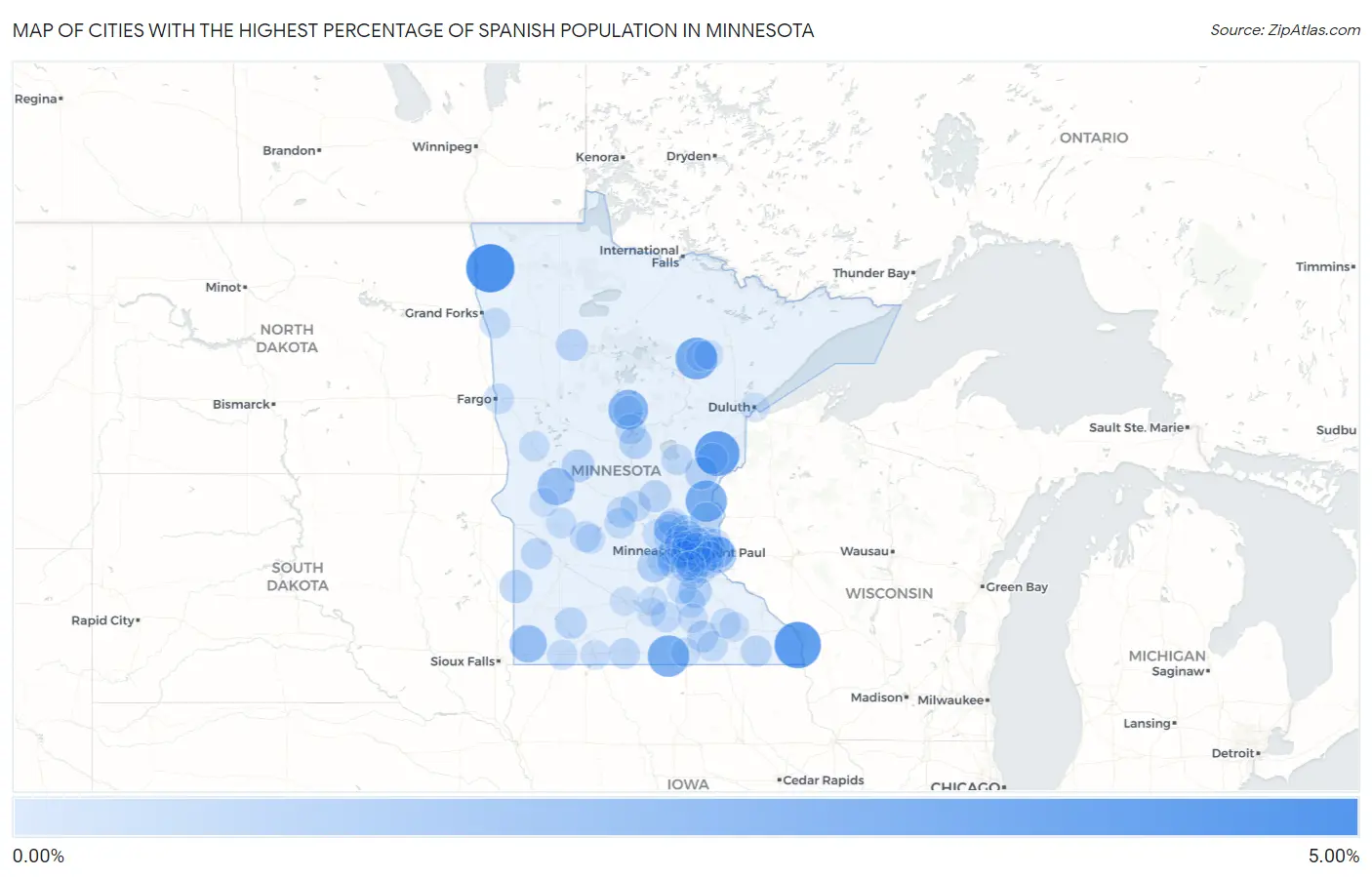 Cities with the Highest Percentage of Spanish Population in Minnesota Map
