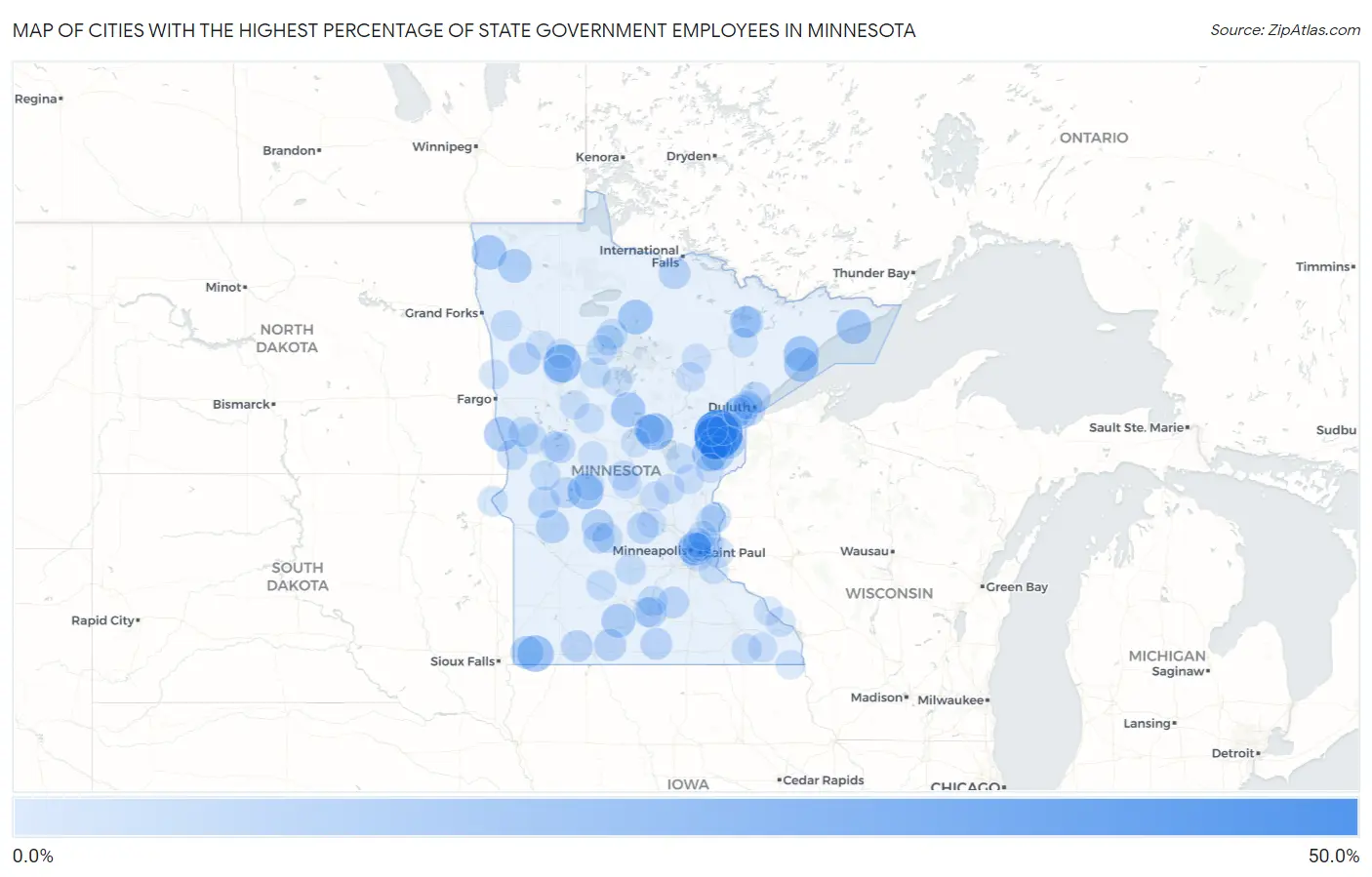 Cities with the Highest Percentage of State Government Employees in Minnesota Map