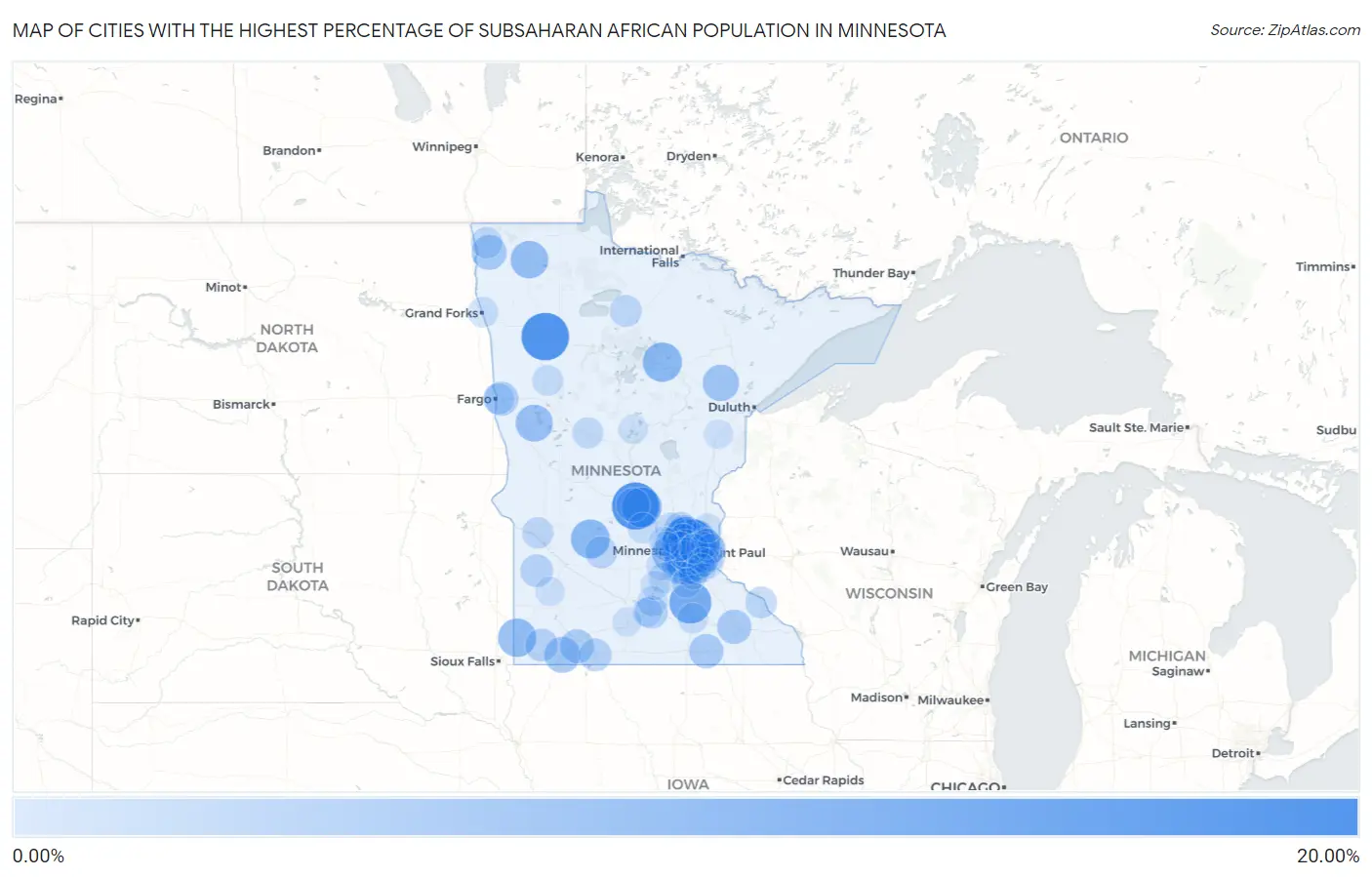 Cities with the Highest Percentage of Subsaharan African Population in Minnesota Map