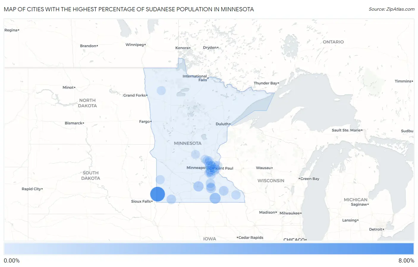 Cities with the Highest Percentage of Sudanese Population in Minnesota Map