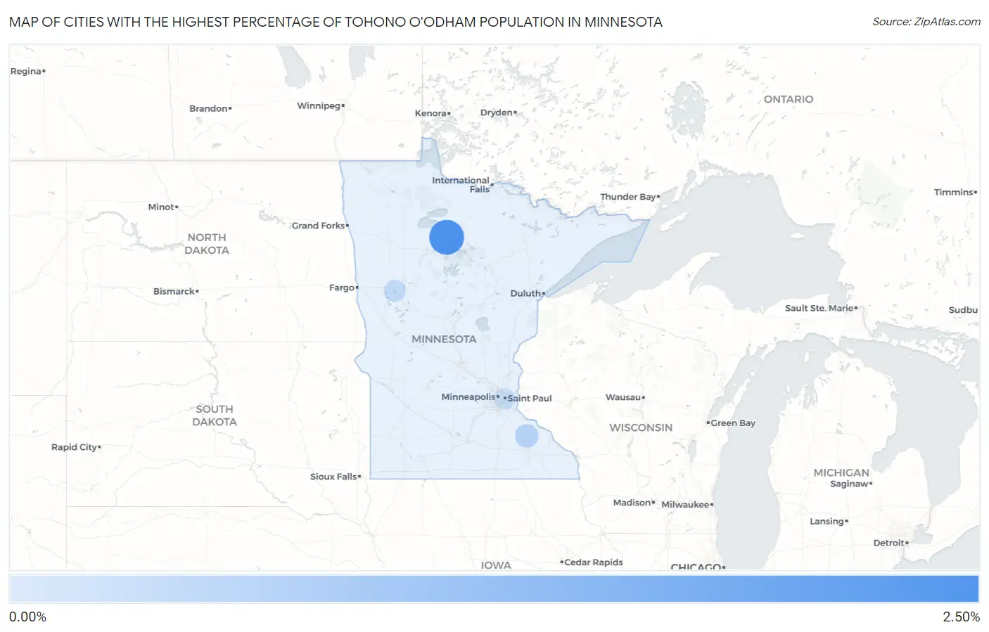 Cities with the Highest Percentage of Tohono O'Odham Population in Minnesota Map