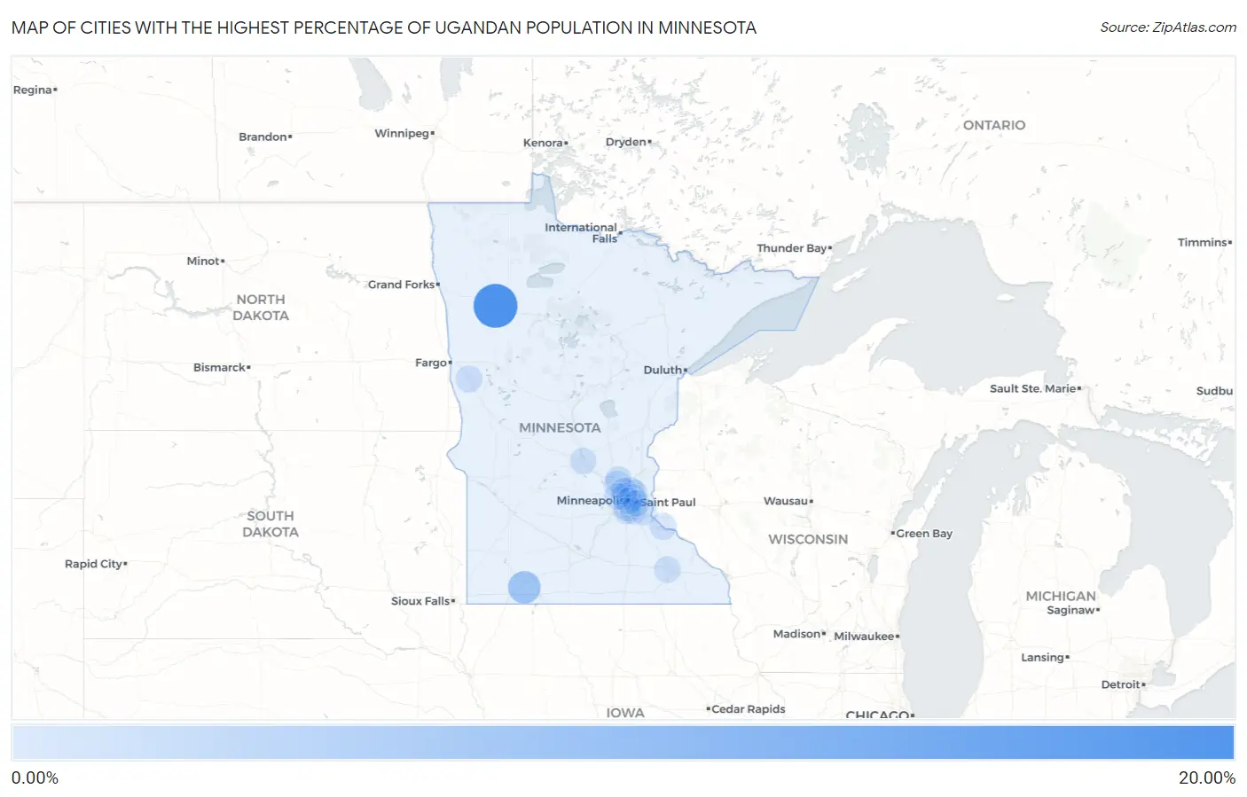 Cities with the Highest Percentage of Ugandan Population in Minnesota Map