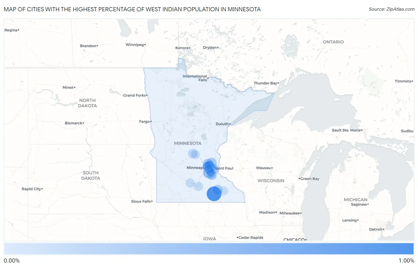 Cities with the Highest Percentage of West Indian Population in Minnesota Map
