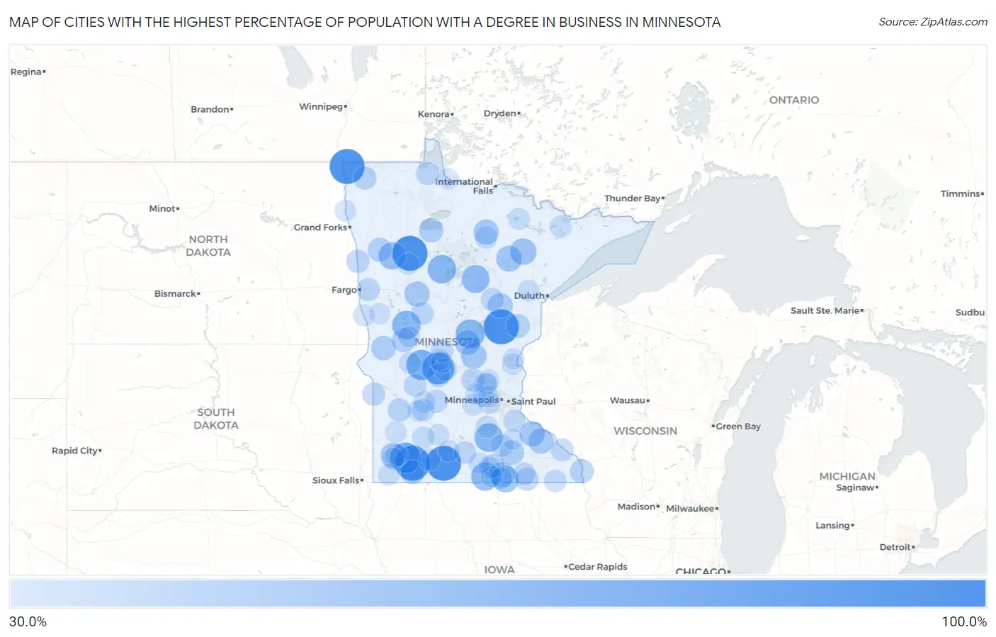 Cities with the Highest Percentage of Population with a Degree in Business in Minnesota Map