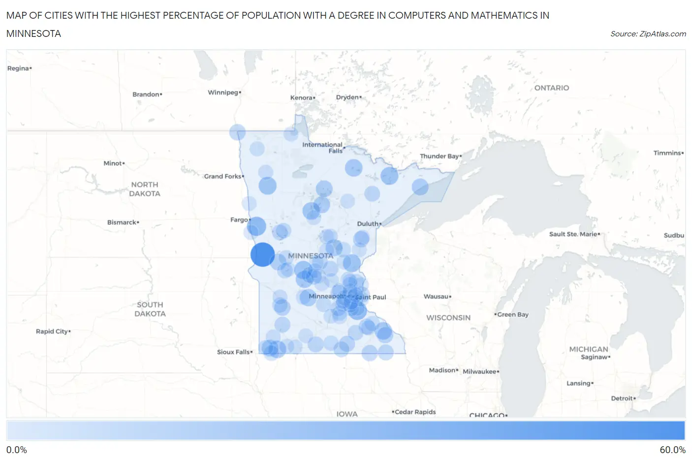 Cities with the Highest Percentage of Population with a Degree in Computers and Mathematics in Minnesota Map