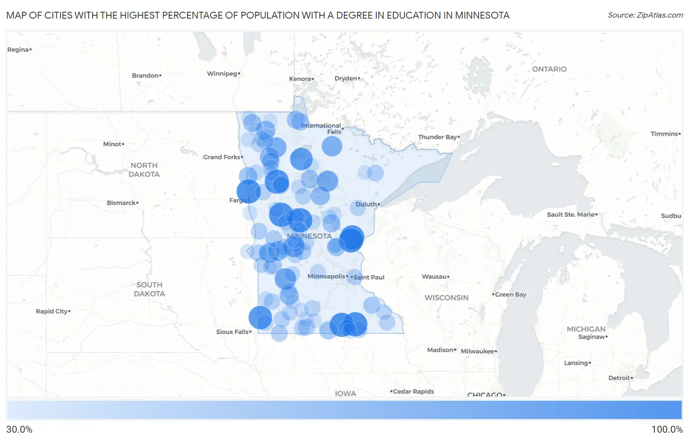 Cities with the Highest Percentage of Population with a Degree in Education in Minnesota Map