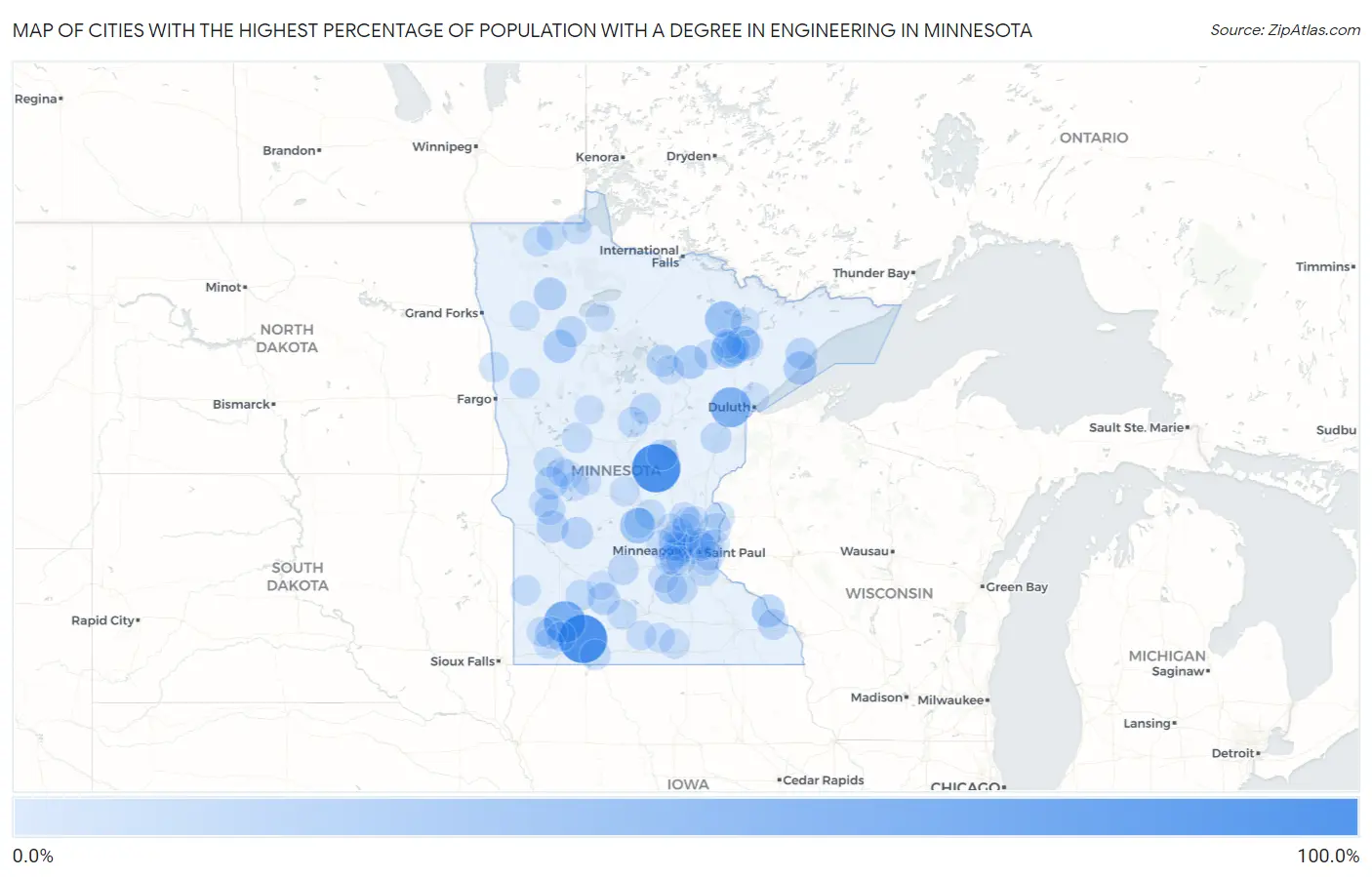 Cities with the Highest Percentage of Population with a Degree in Engineering in Minnesota Map