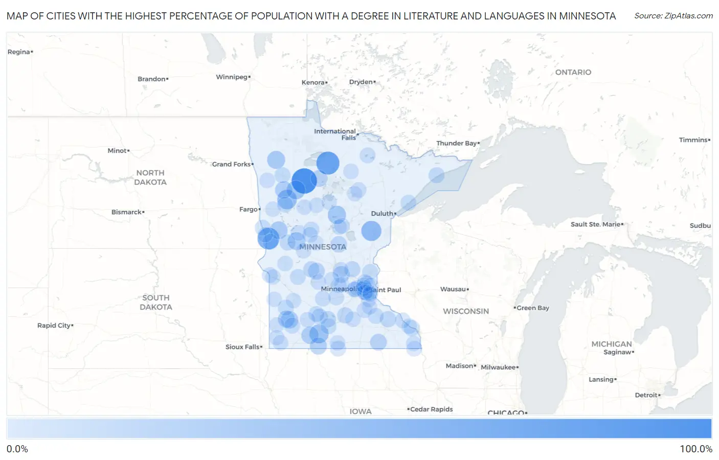 Cities with the Highest Percentage of Population with a Degree in Literature and Languages in Minnesota Map
