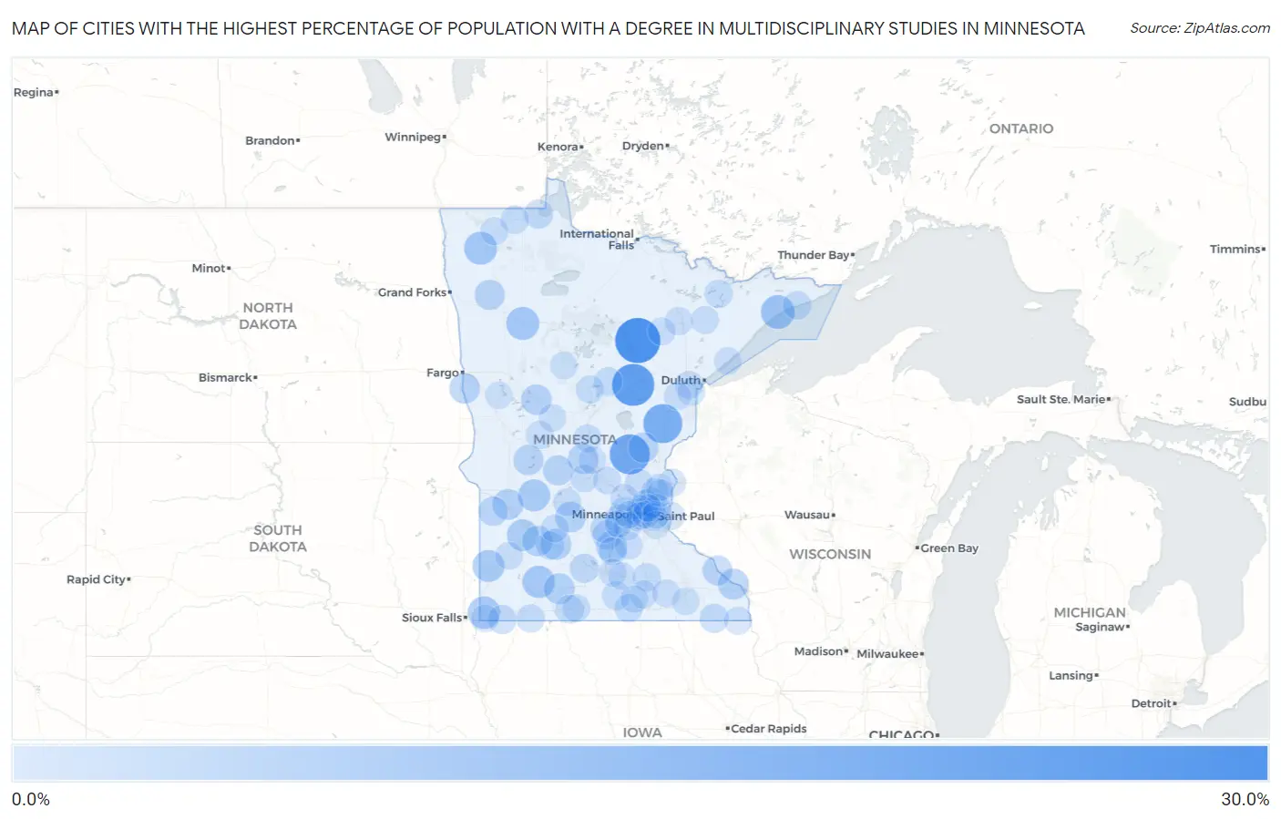 Cities with the Highest Percentage of Population with a Degree in Multidisciplinary Studies in Minnesota Map