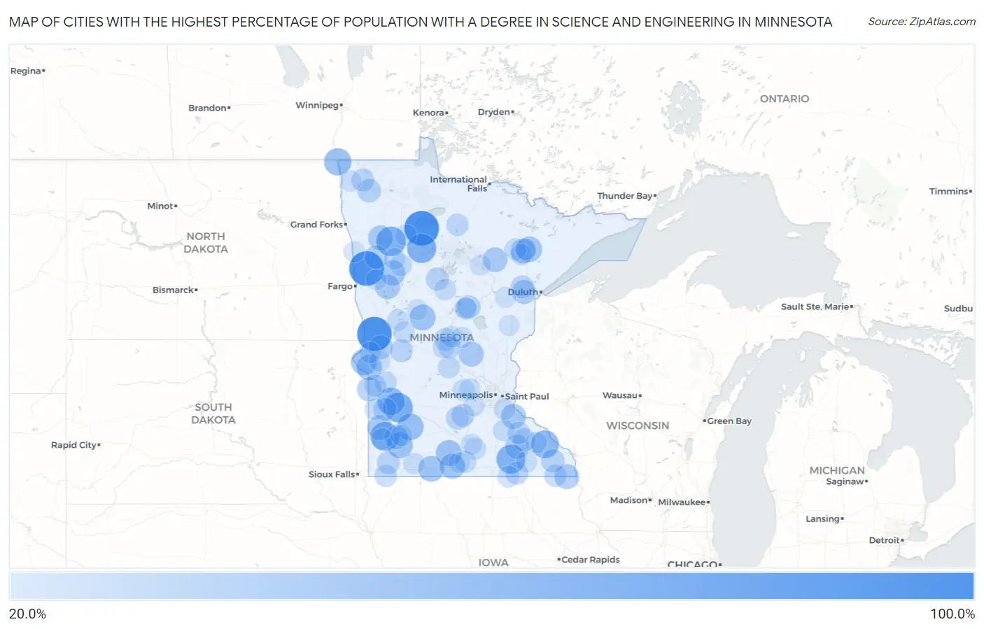 Cities with the Highest Percentage of Population with a Degree in Science and Engineering in Minnesota Map