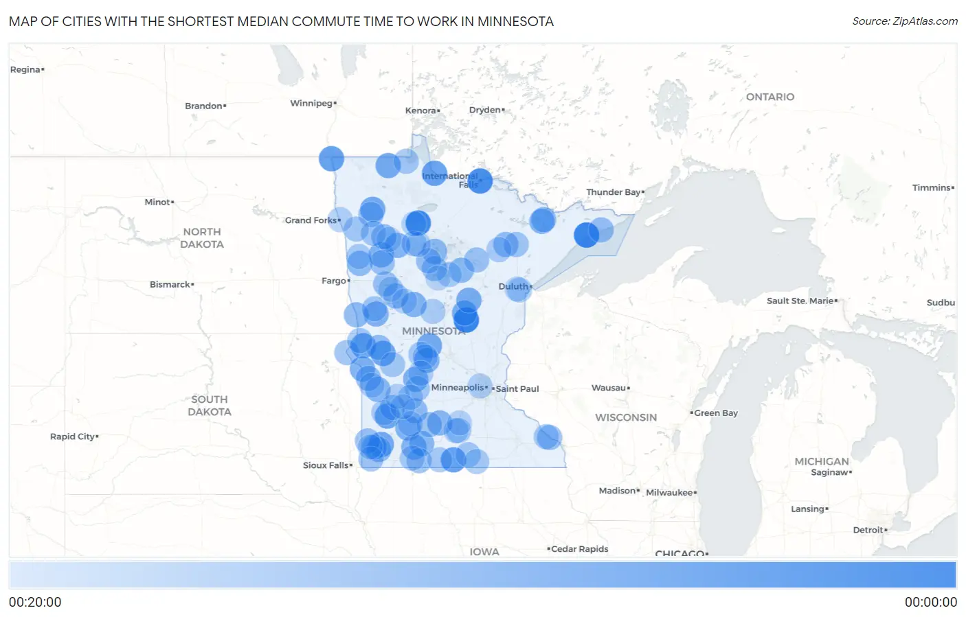 Cities with the Shortest Median Commute Time to Work in Minnesota Map
