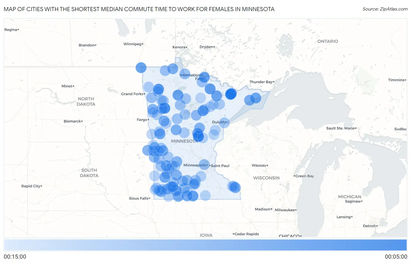 Cities with the Shortest Median Commute Time to Work for Females in Minnesota Map