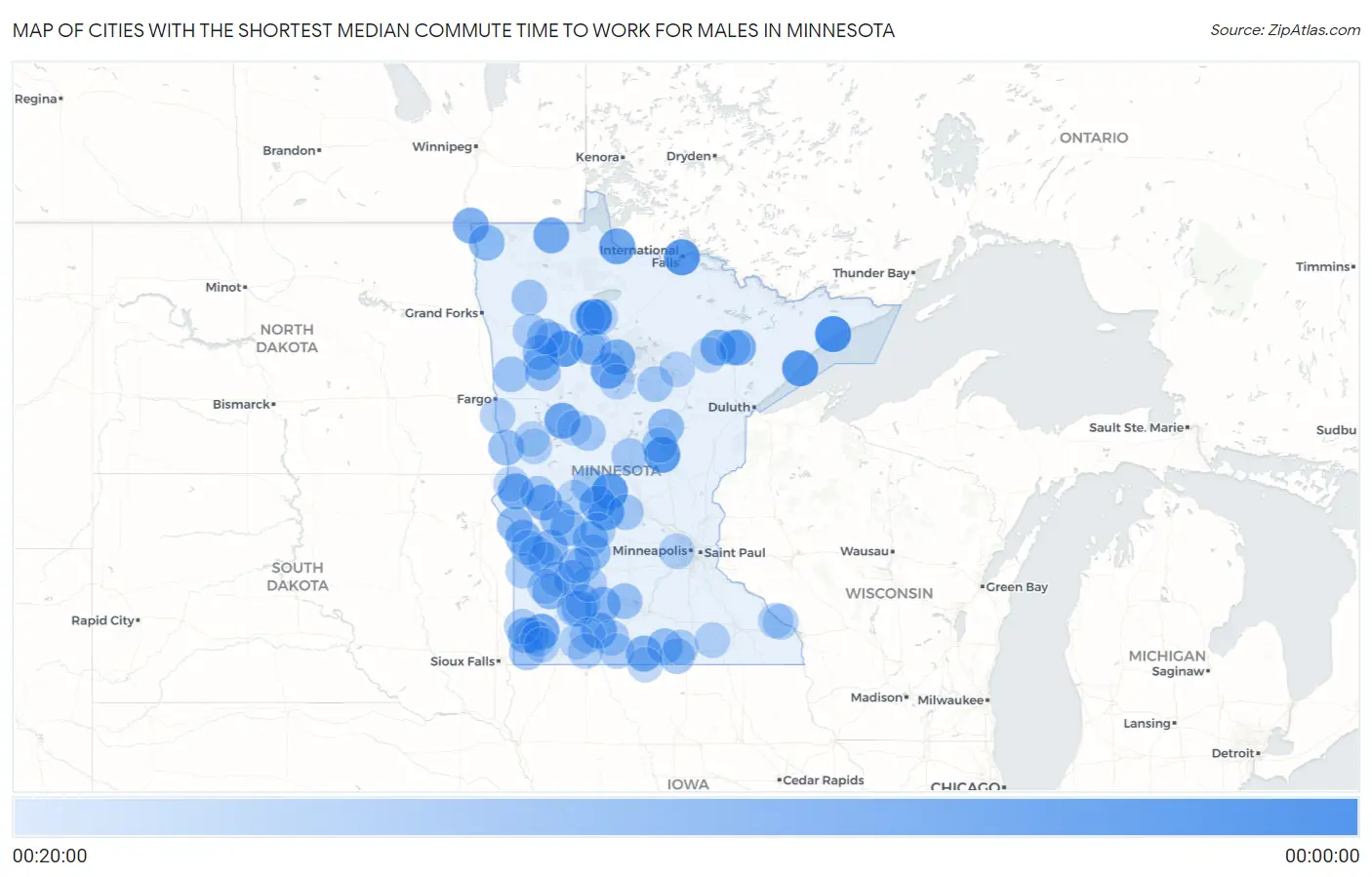 Cities with the Shortest Median Commute Time to Work for Males in Minnesota Map