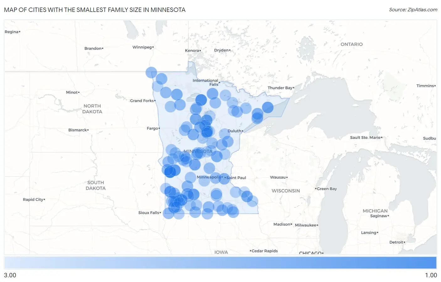 Cities with the Smallest Family Size in Minnesota Map