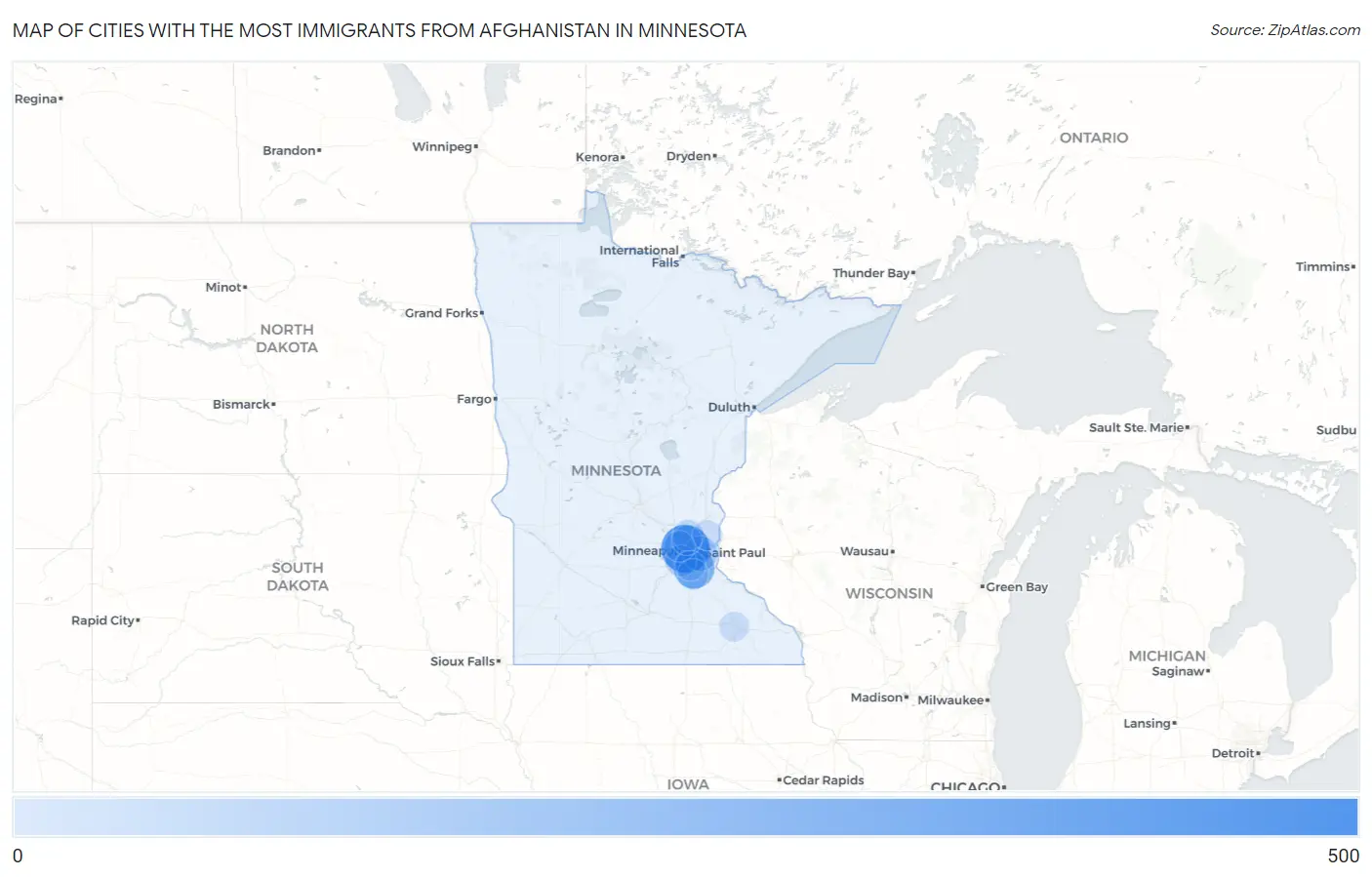 Cities with the Most Immigrants from Afghanistan in Minnesota Map