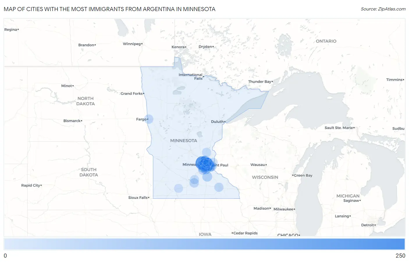Cities with the Most Immigrants from Argentina in Minnesota Map