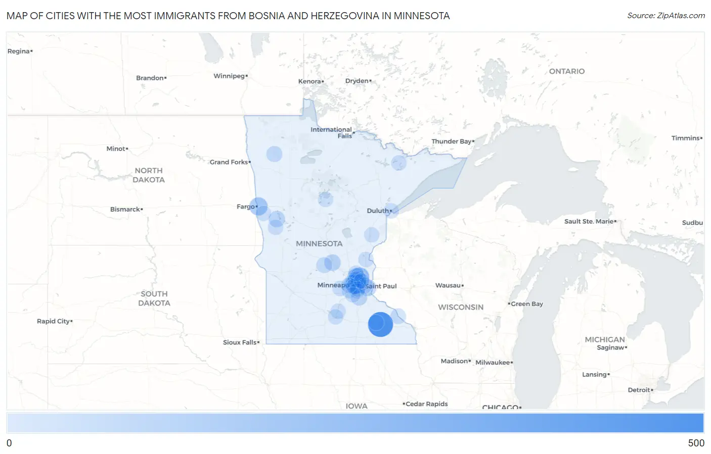 Cities with the Most Immigrants from Bosnia and Herzegovina in Minnesota Map