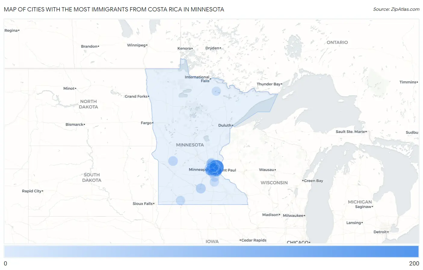 Cities with the Most Immigrants from Costa Rica in Minnesota Map