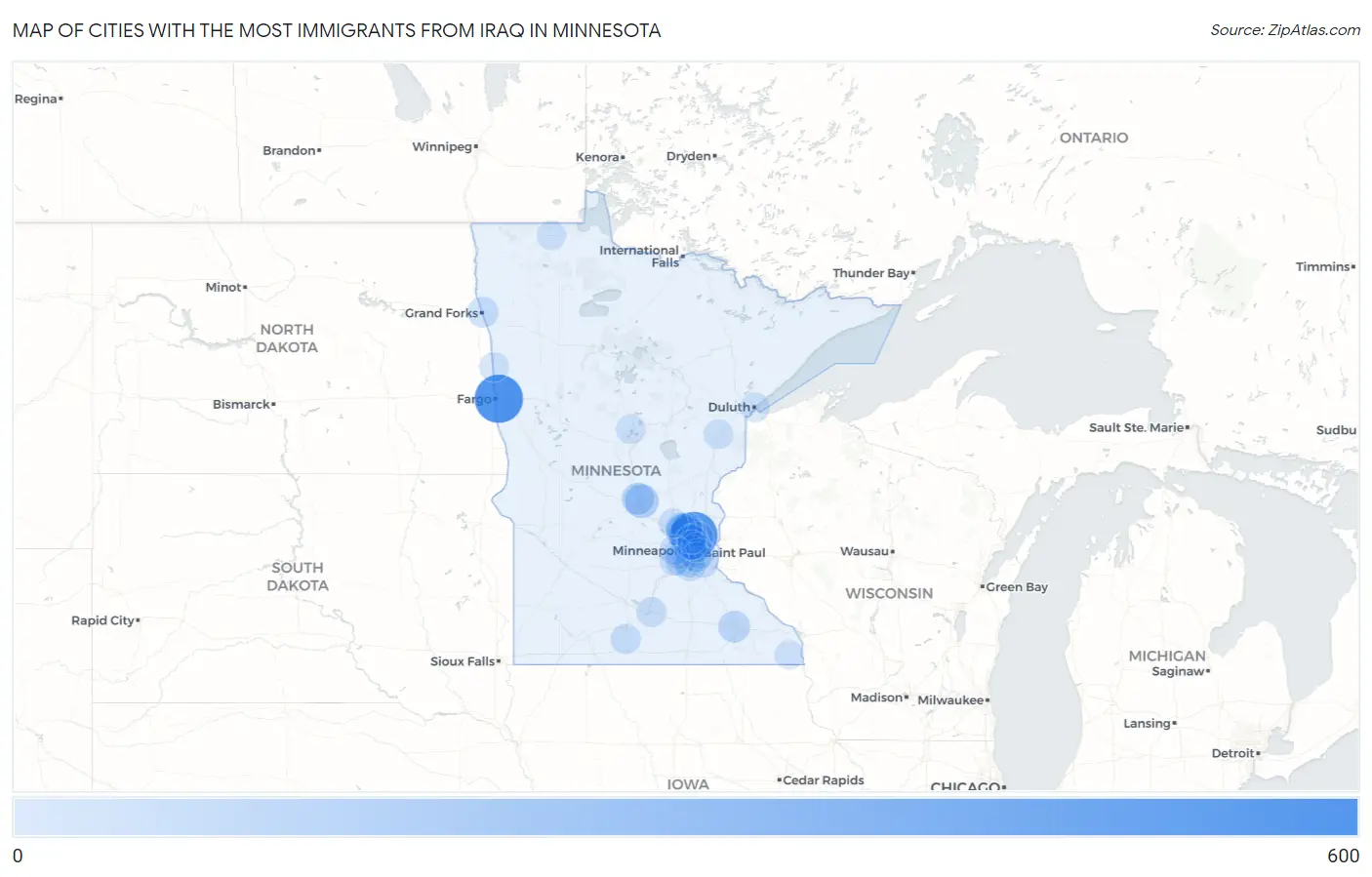 Cities with the Most Immigrants from Iraq in Minnesota Map