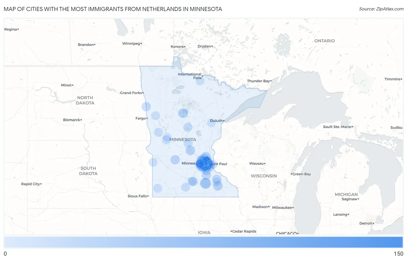 Cities with the Most Immigrants from Netherlands in Minnesota Map