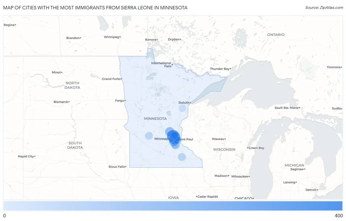 Cities with the Most Immigrants from Sierra Leone in Minnesota Map
