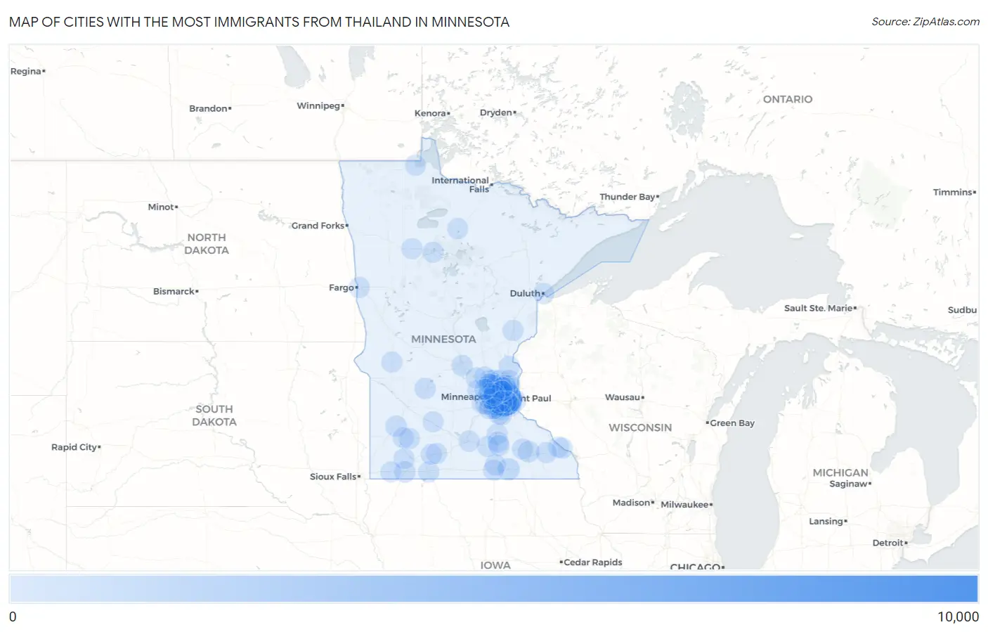 Cities with the Most Immigrants from Thailand in Minnesota Map
