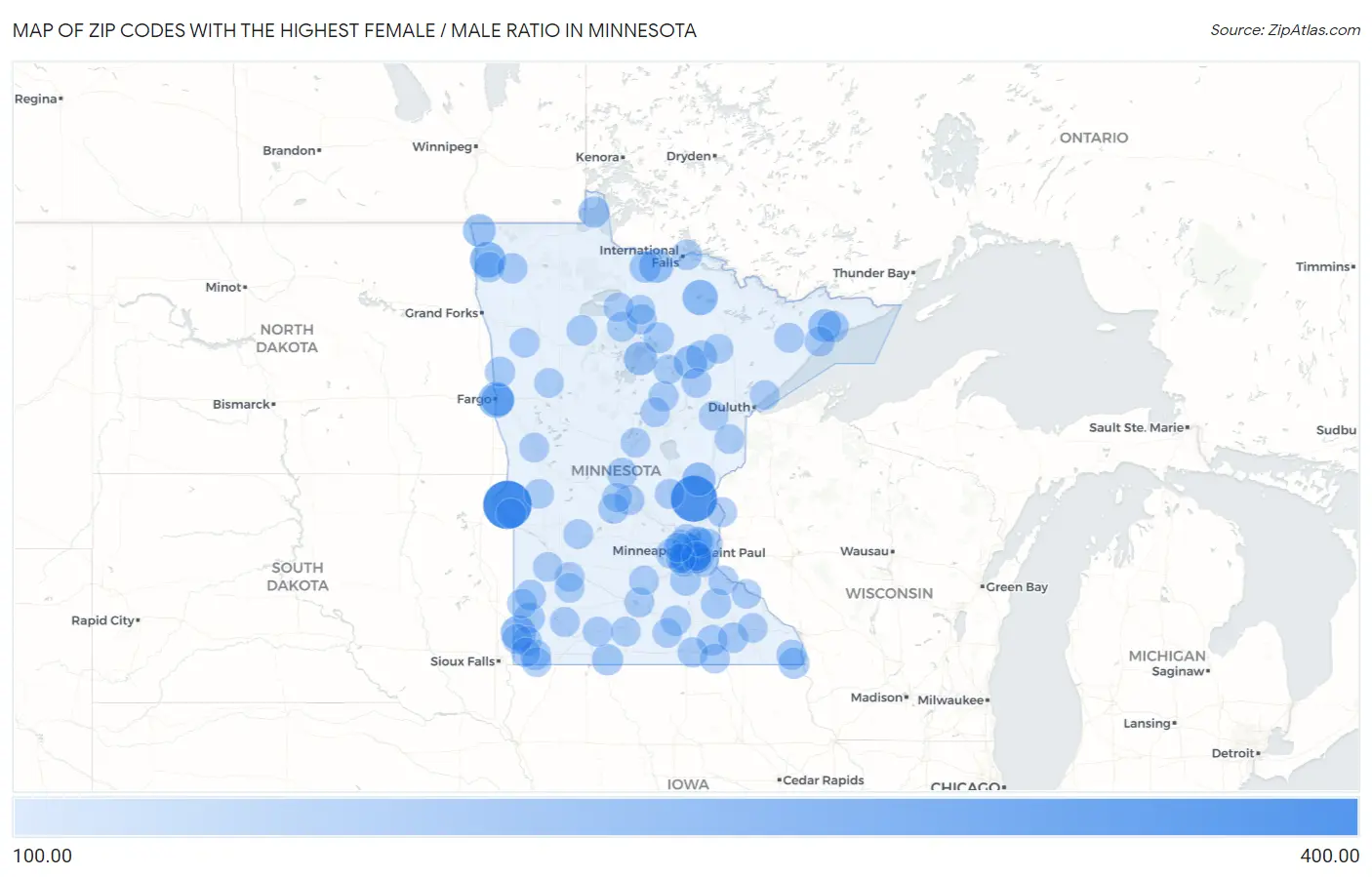 Zip Codes with the Highest Female / Male Ratio in Minnesota Map