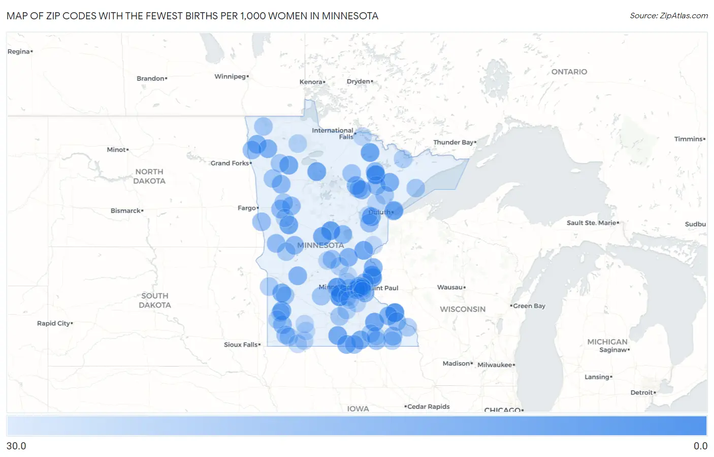 Zip Codes with the Fewest Births per 1,000 Women in Minnesota Map