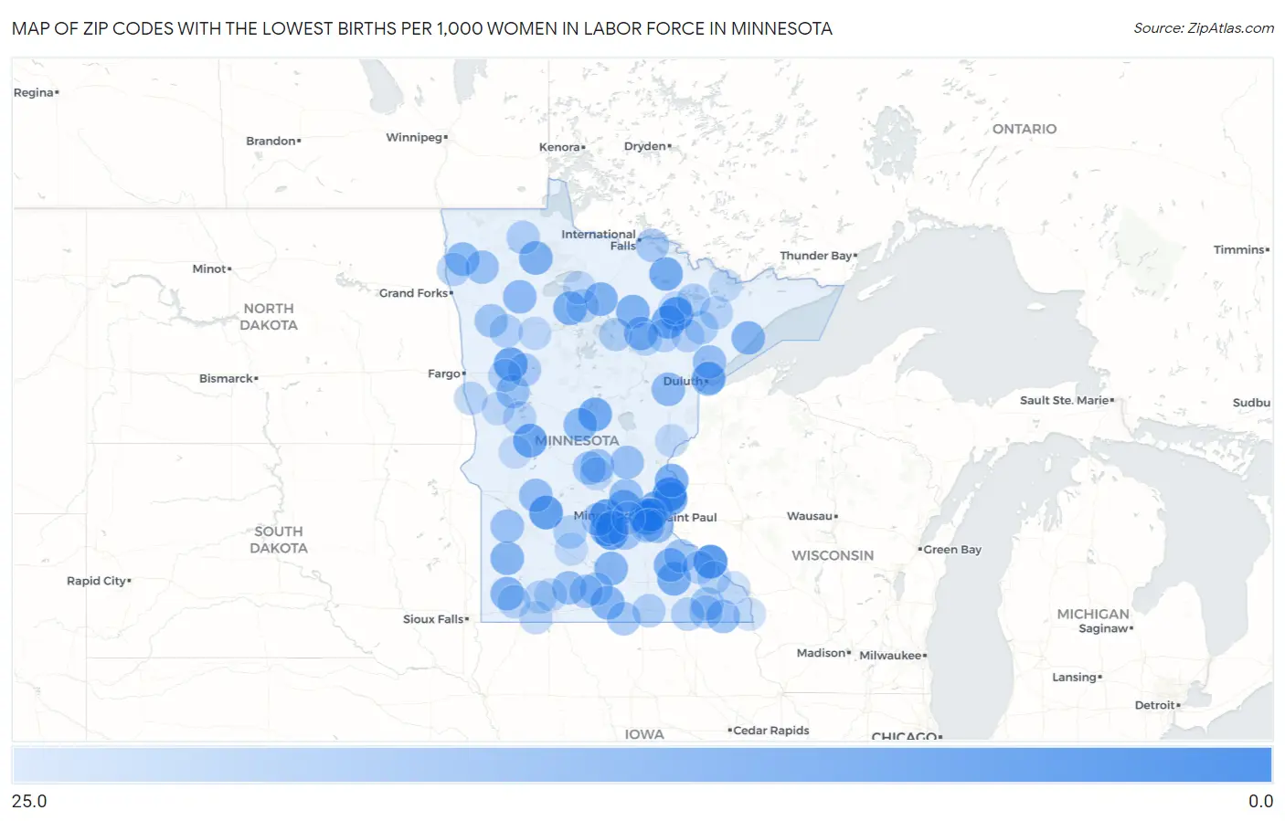 Zip Codes with the Lowest Births per 1,000 Women in Labor Force in Minnesota Map