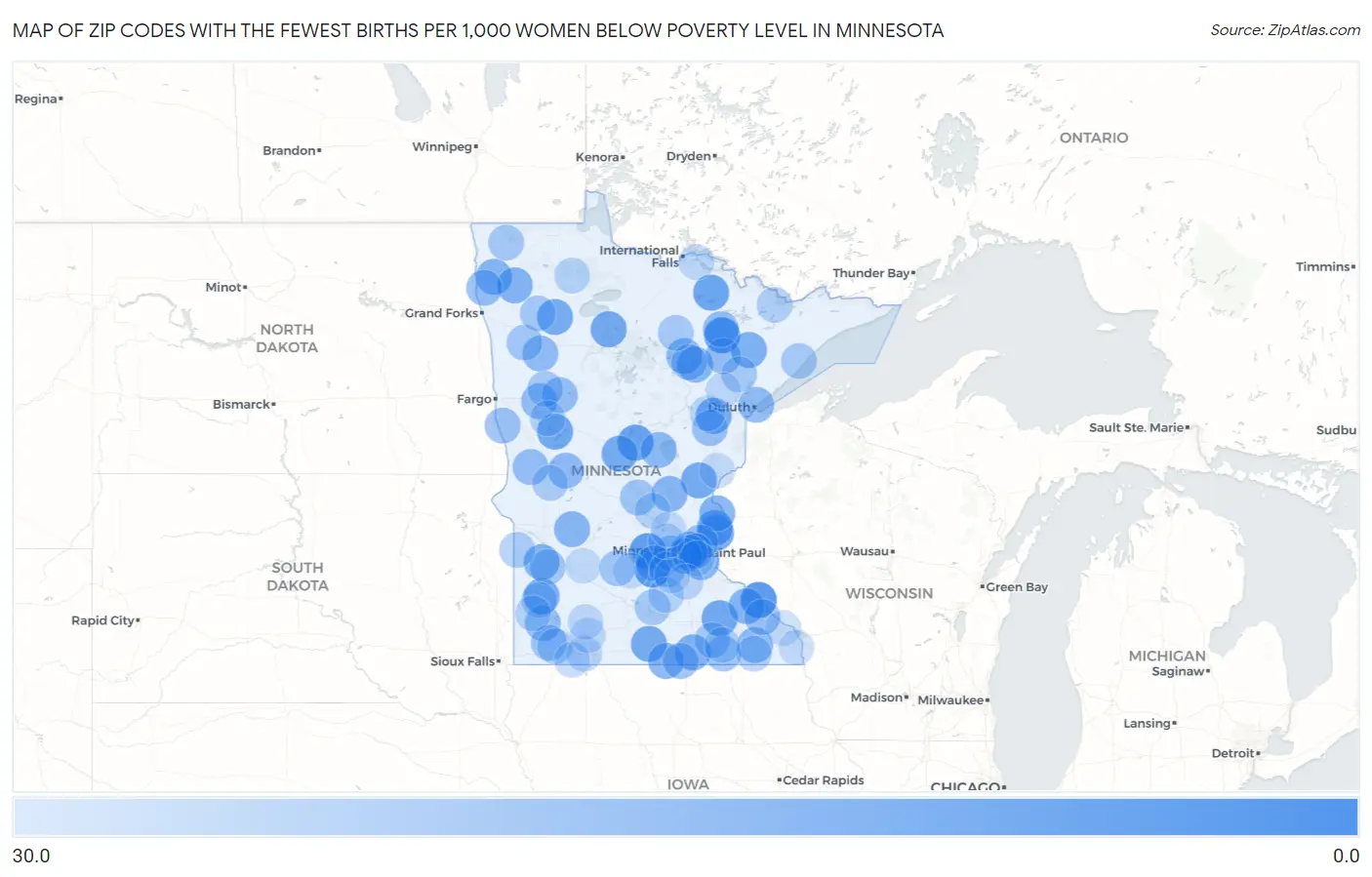 Zip Codes with the Fewest Births per 1,000 Women Below Poverty Level in Minnesota Map