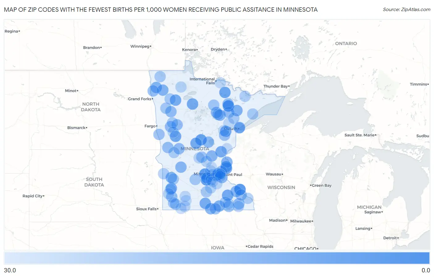 Zip Codes with the Fewest Births per 1,000 Women Receiving Public Assitance in Minnesota Map
