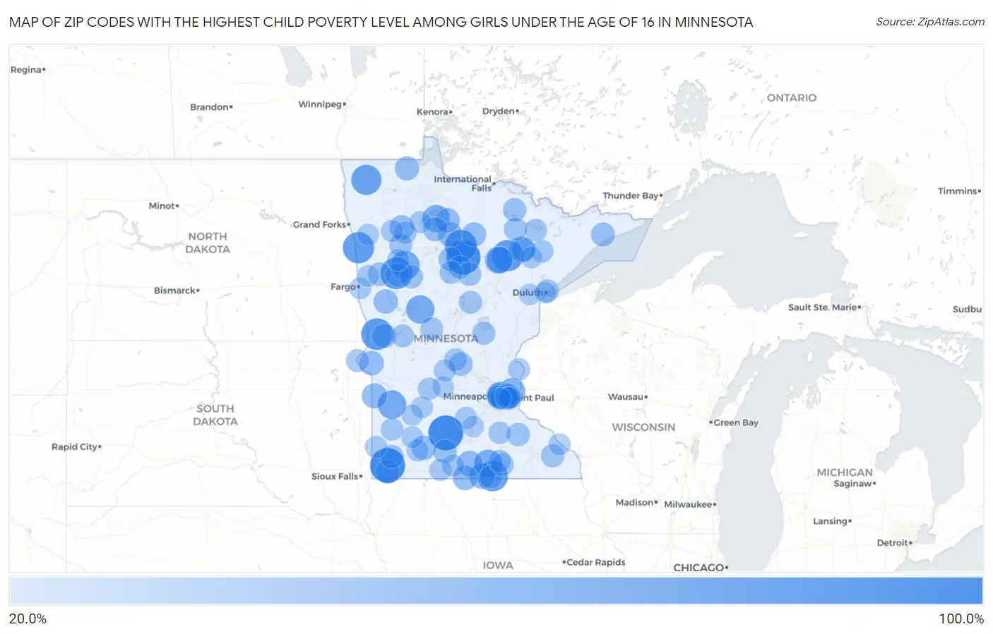 Zip Codes with the Highest Child Poverty Level Among Girls Under the Age of 16 in Minnesota Map
