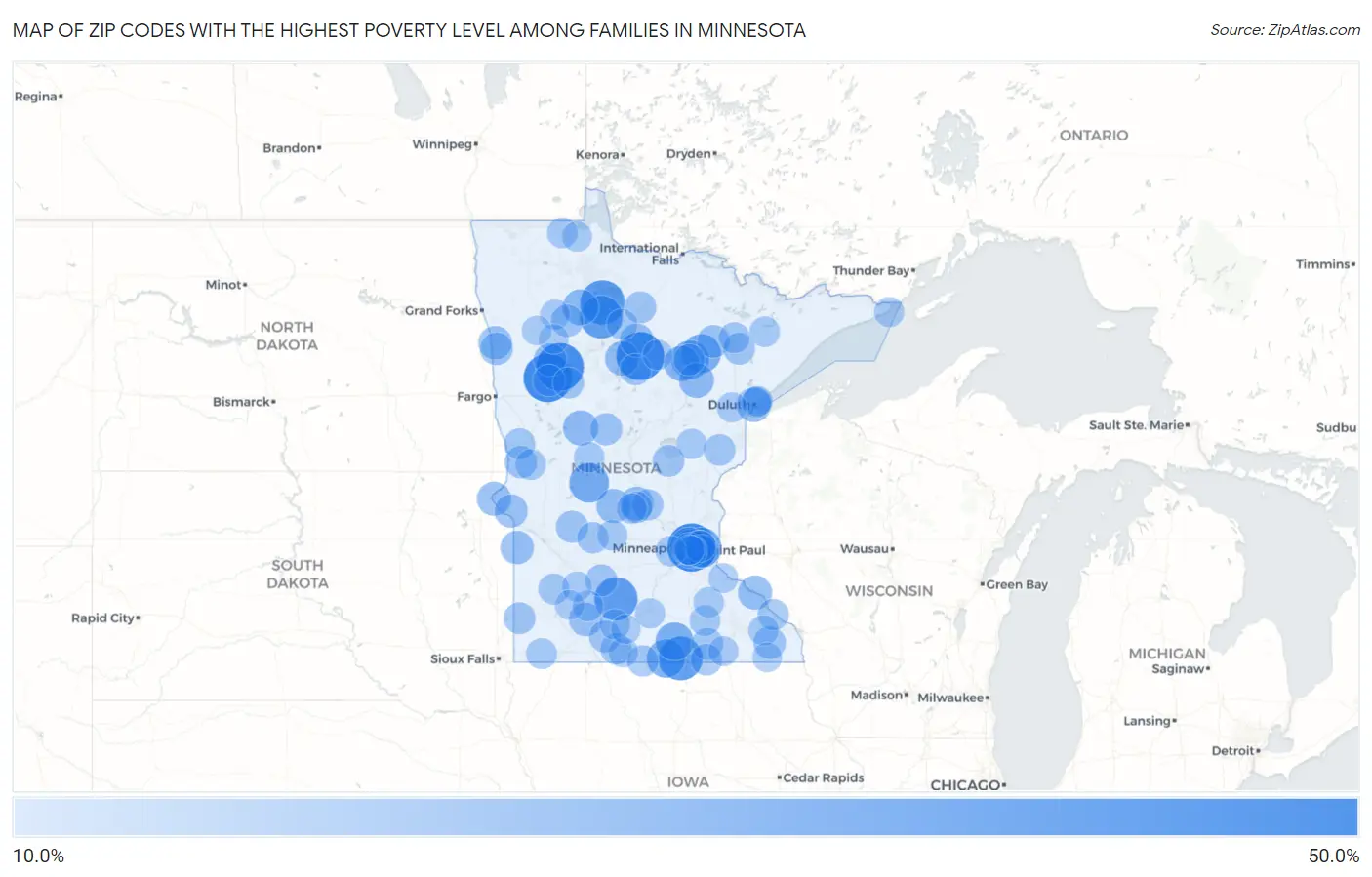Zip Codes with the Highest Poverty Level Among Families in Minnesota Map
