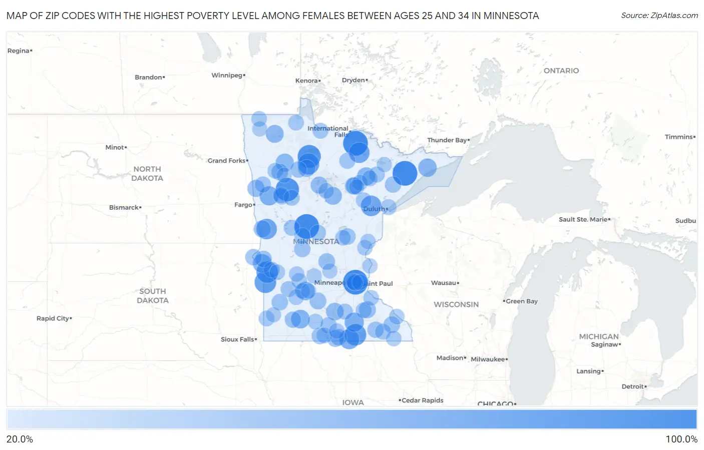 Zip Codes with the Highest Poverty Level Among Females Between Ages 25 and 34 in Minnesota Map