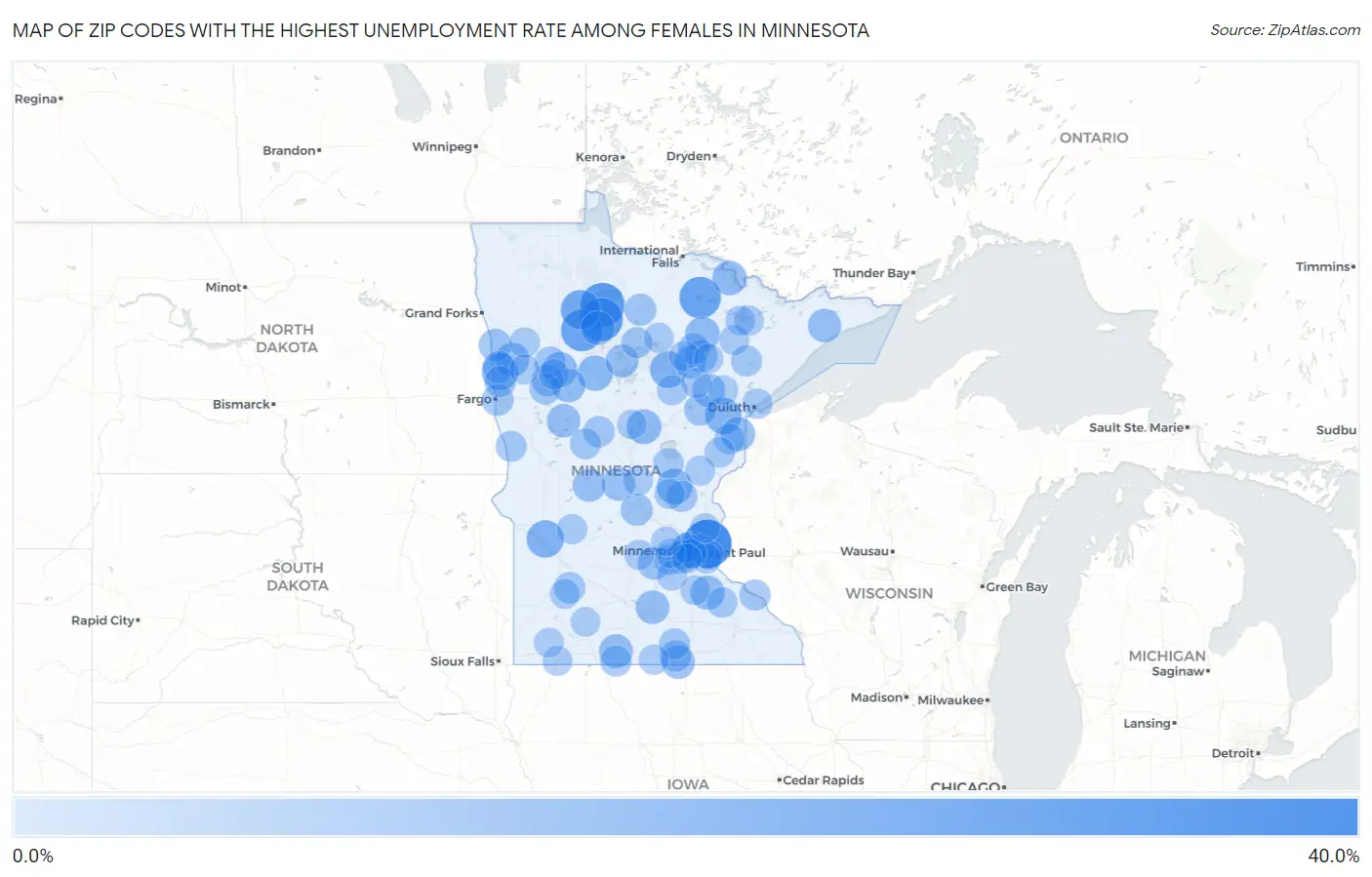 Zip Codes with the Highest Unemployment Rate Among Females in Minnesota Map