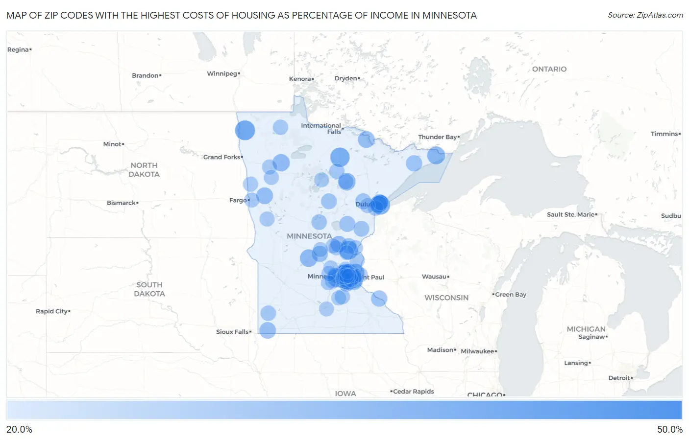 Zip Codes with the Highest Costs of Housing as Percentage of Income in Minnesota Map