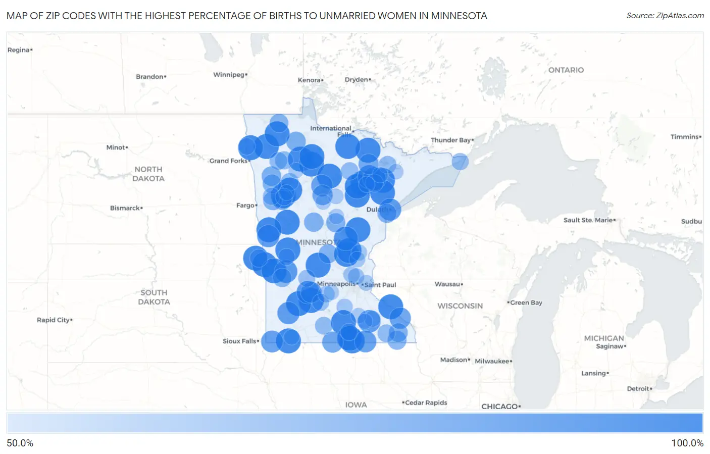 Zip Codes with the Highest Percentage of Births to Unmarried Women in Minnesota Map