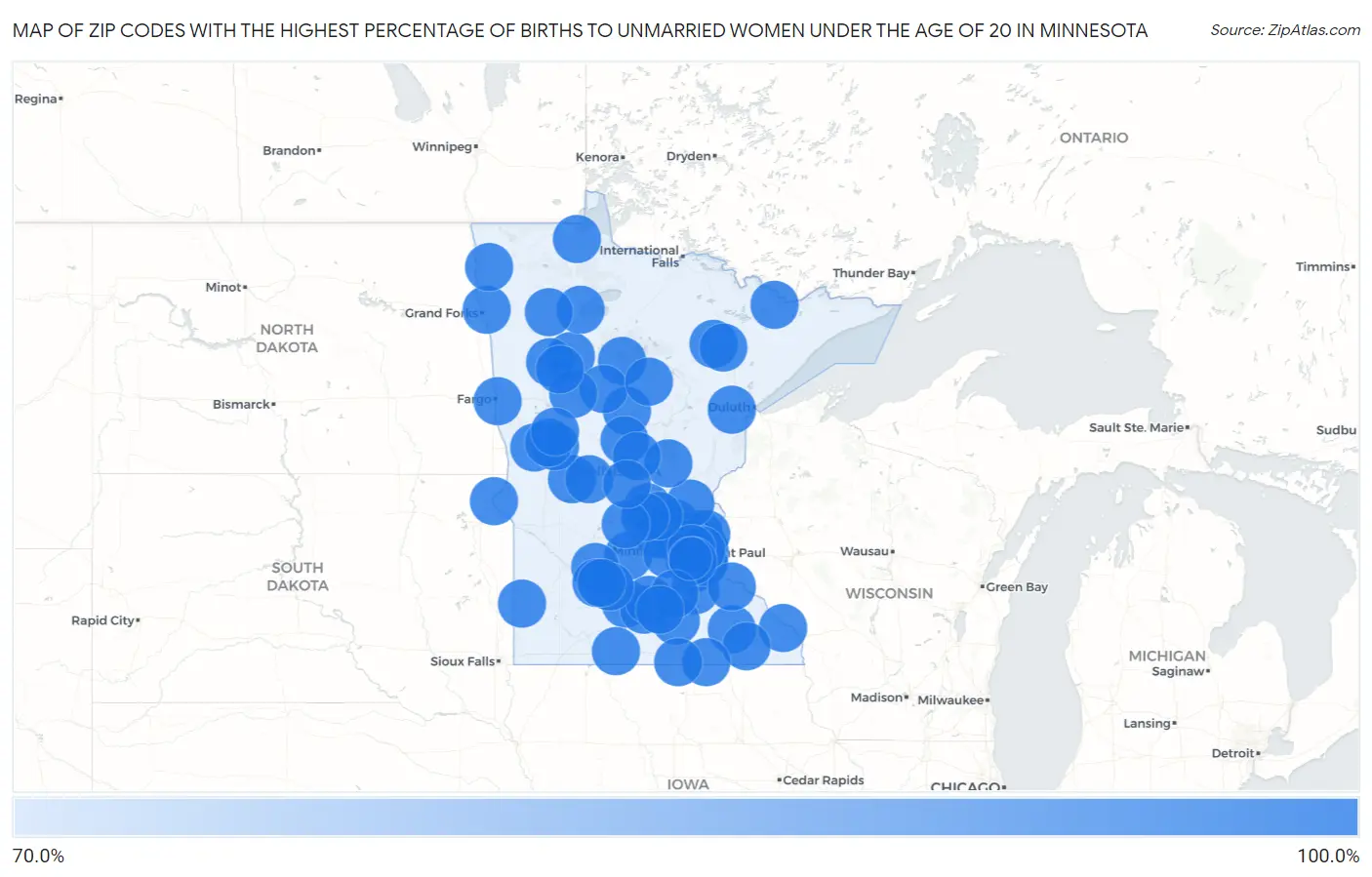 Zip Codes with the Highest Percentage of Births to Unmarried Women under the Age of 20 in Minnesota Map