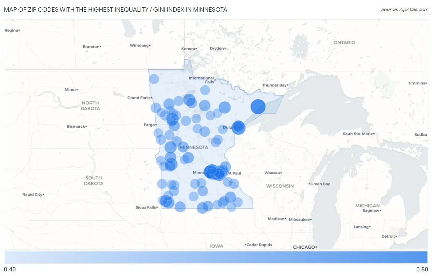 Zip Codes with the Highest Inequality / Gini Index in Minnesota Map
