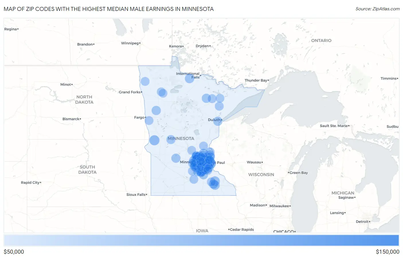 Zip Codes with the Highest Median Male Earnings in Minnesota Map