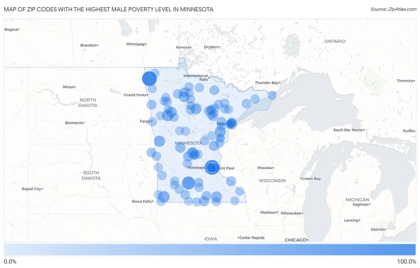 Zip Codes with the Highest Male Poverty Level in Minnesota Map