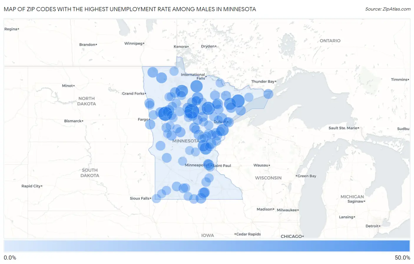 Zip Codes with the Highest Unemployment Rate Among Males in Minnesota Map
