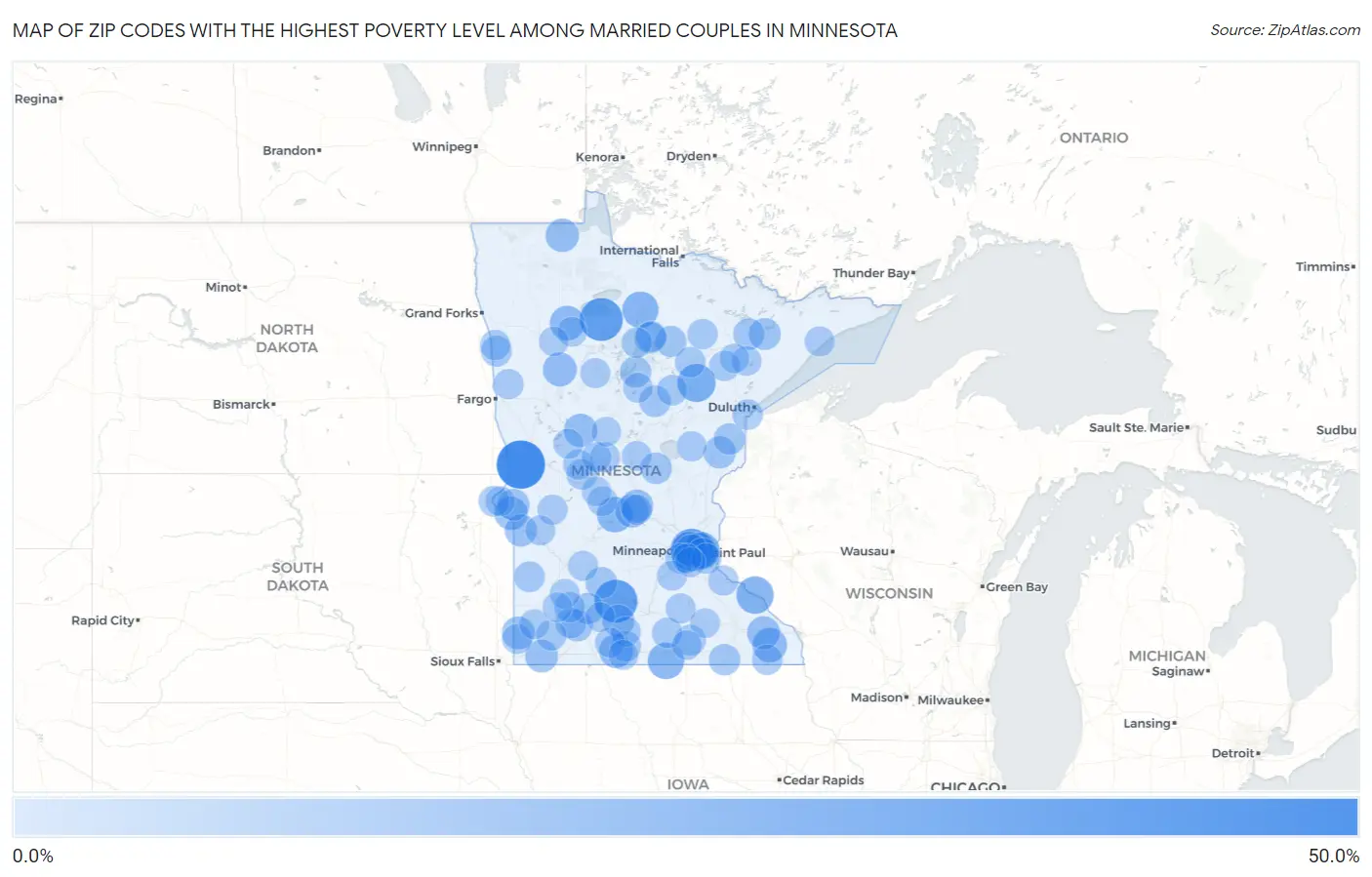 Zip Codes with the Highest Poverty Level Among Married Couples in Minnesota Map
