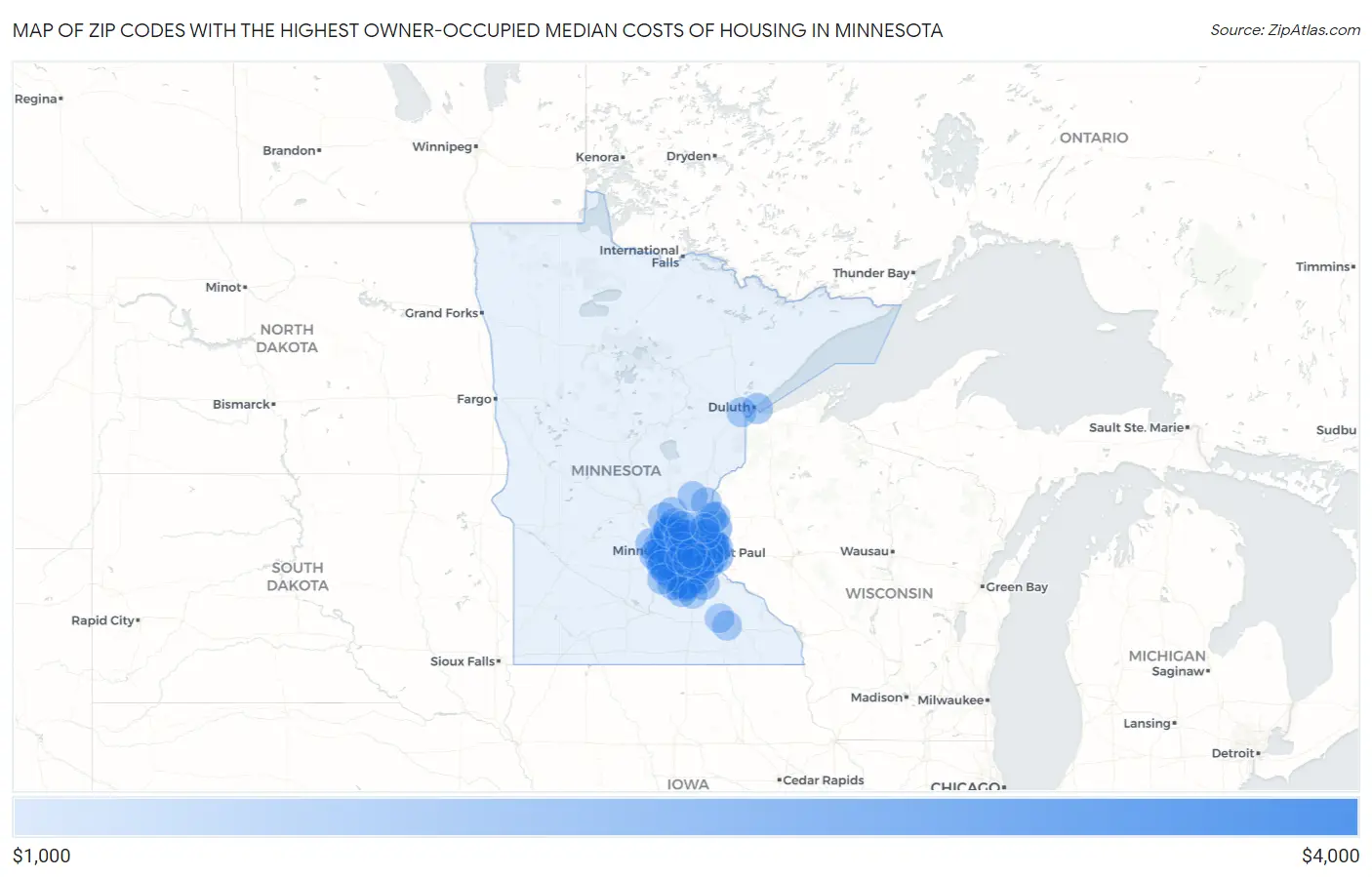 Zip Codes with the Highest Owner-Occupied Median Costs of Housing in Minnesota Map