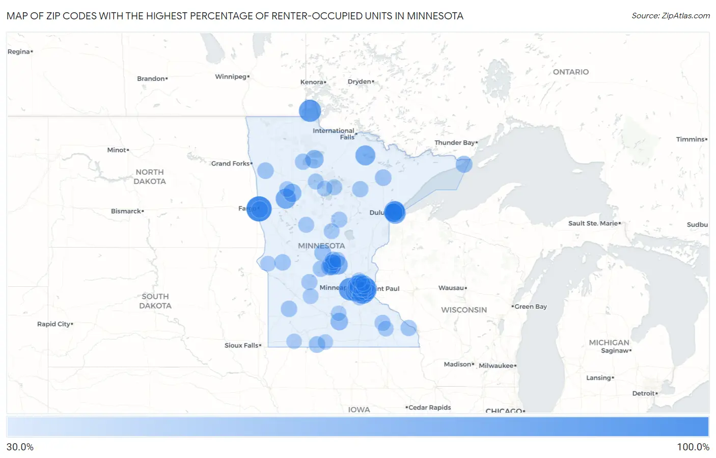 Zip Codes with the Highest Percentage of Renter-Occupied Units in Minnesota Map