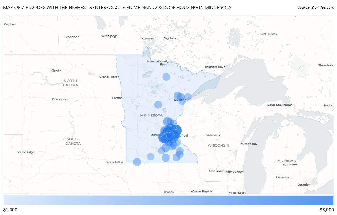 Zip Codes with the Highest Renter-Occupied Median Costs of Housing in Minnesota Map