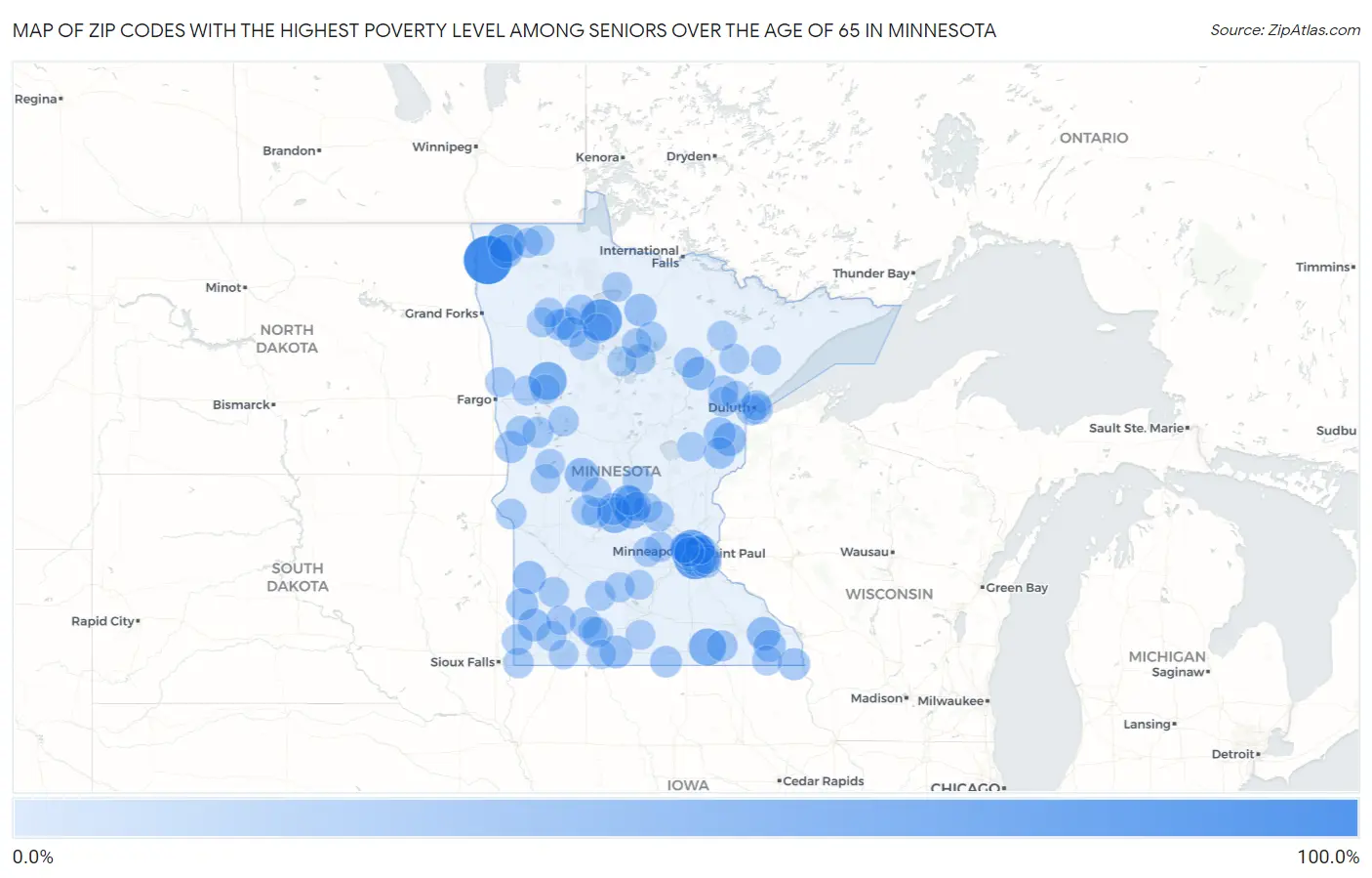 Zip Codes with the Highest Poverty Level Among Seniors Over the Age of 65 in Minnesota Map