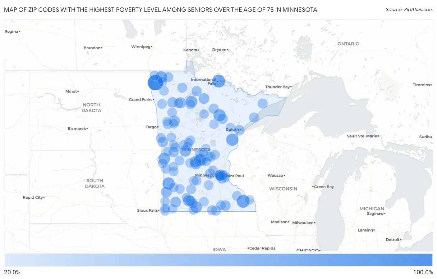 Zip Codes with the Highest Poverty Level Among Seniors Over the Age of 75 in Minnesota Map